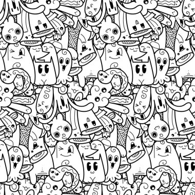 Komik canavarlar Dikişsiz desen baskılar, tasarımlar ve boyama kitapları için doodle