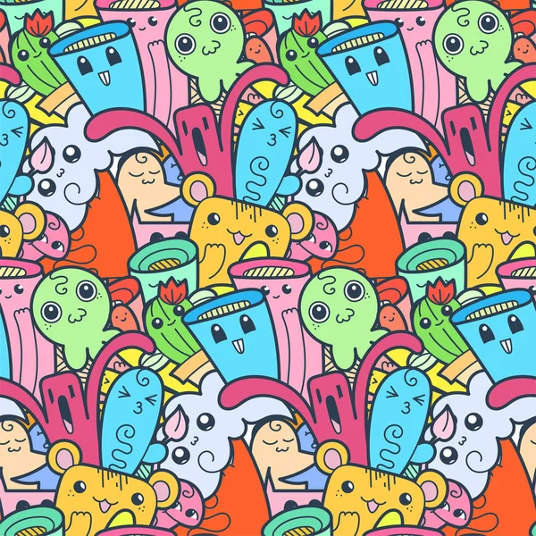 Patrón divertido doodle monstruos sin costura para impresiones, diseños y libros para colorear — Vector de stock
