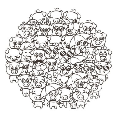 Şirin bebek domuz yavruları ile arka plan. Pastel karikatür resim kawaii domuzlar.