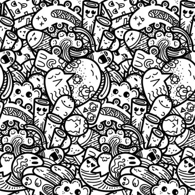 Komik canavarlar Dikişsiz desen baskılar, tasarımlar ve boyama kitapları için doodle