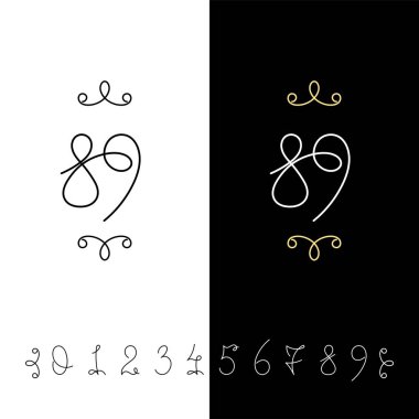 Küme sayının vektör hat 0 ile 9. Çizgili süslü monogram.