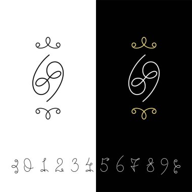 Küme sayının vektör hat 0 ile 9. Çizgili süslü monogram.