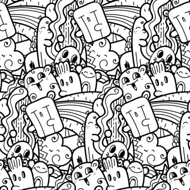 Komik canavarlar Dikişsiz desen baskılar, tasarımlar ve boyama kitapları için doodle