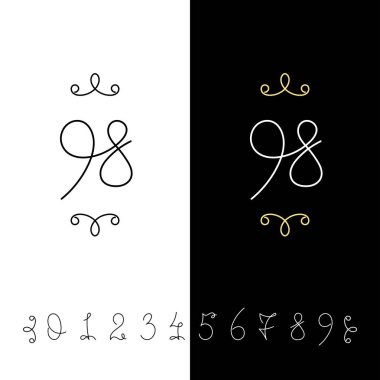 Küme sayının vektör hat 0 ile 9. Çizgili süslü monogram.