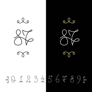 Küme sayının vektör hat 0 ile 9. Çizgili süslü monogram.