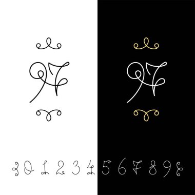 Küme sayının vektör hat 0 ile 9. Çizgili süslü monogram.