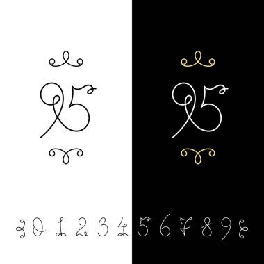 Küme sayının vektör hat 0 ile 9. Çizgili süslü monogram.