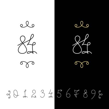 Küme sayının vektör hat 0 ile 9. Çizgili süslü monogram.