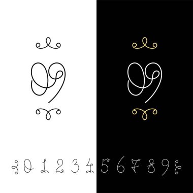 Küme sayının vektör hat 0 ile 9. Çizgili süslü monogram.