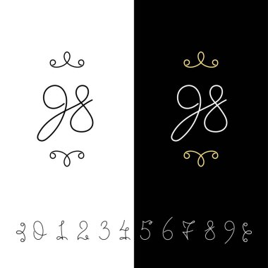 Küme sayının vektör hat 0 ile 9. Çizgili süslü monogram.