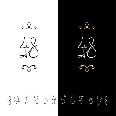 Küme sayının vektör hat 0 ile 9. Çizgili süslü monogram.