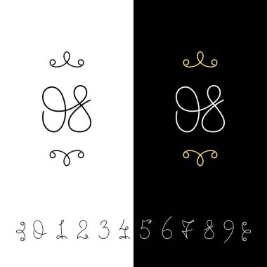 Küme sayının vektör hat 0 ile 9. Çizgili süslü monogram.