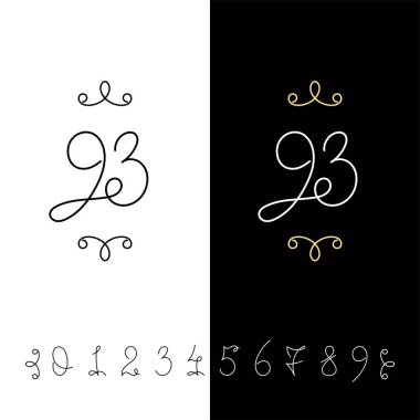 Küme sayının vektör hat 0 ile 9. Çizgili süslü monogram.