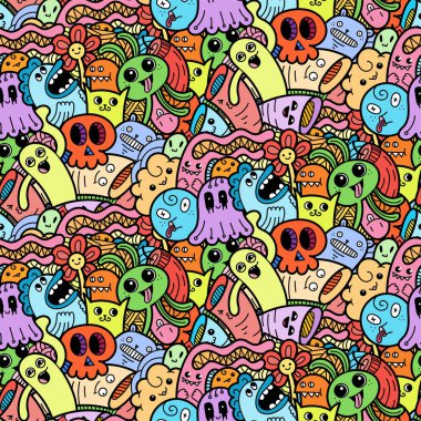 Komik canavarlar Dikişsiz desen baskılar, tasarımlar ve boyama kitapları için doodle