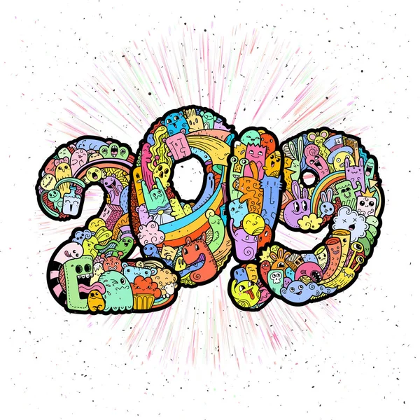새 해 2018입니다. 괴물 낙서 날짜입니다. 화려한 휴가 기호. — 스톡 벡터