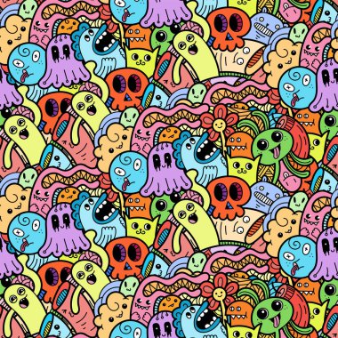 Komik canavarlar Dikişsiz desen baskılar, tasarımlar ve boyama kitapları için doodle