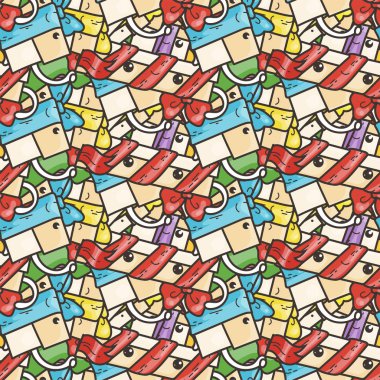 Komik doodle hediye kutuları ile seamless modeli. Parmak izi, kart, tasarımlar ve boyama kitapları için şirin