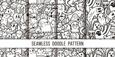 Collection of funny doodle monsters seamless pattern for prints, designs and coloring books clipart