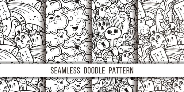 Συλλογή από αστεία doodle τέρατα χωρίς ραφή πρότυπο για εκτυπώσεις, σχέδια και χρωματισμός βιβλία — Διανυσματικό Αρχείο