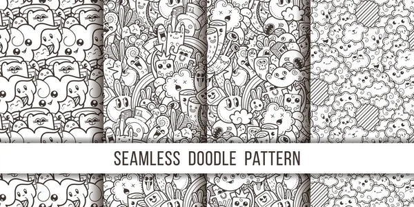 Colección de divertidos monstruos doodle patrón sin costuras para impresiones, diseños y libros para colorear — Vector de stock