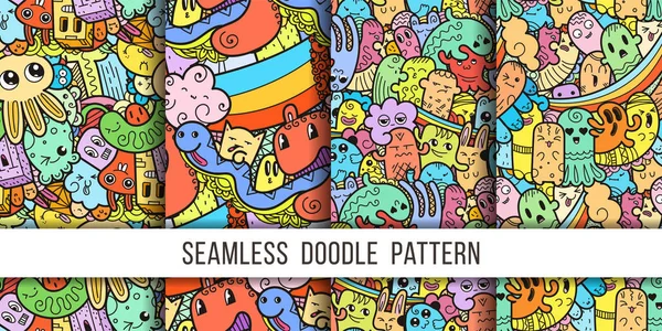 Vicces doodle szörnyek varrat nélküli mintát nyomtatványok, minták és színező könyvek gyűjteménye — Stock Vector