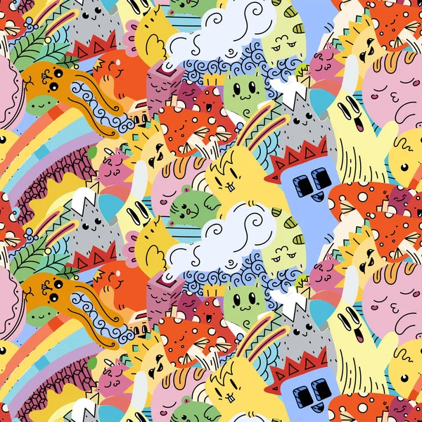 Vicces doodle szörnyek a varrat nélküli mintát nyomtatványok, minták és kifestőkönyv — Stock Vector