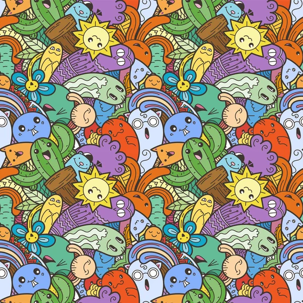 Funny doodle monsters on seamless pattern for prints, designs and coloring books — Stock Vector