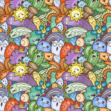 Komik canavarlar baskılar, tasarımlar ve boyama kitapları için seamless modeli üzerinde doodle