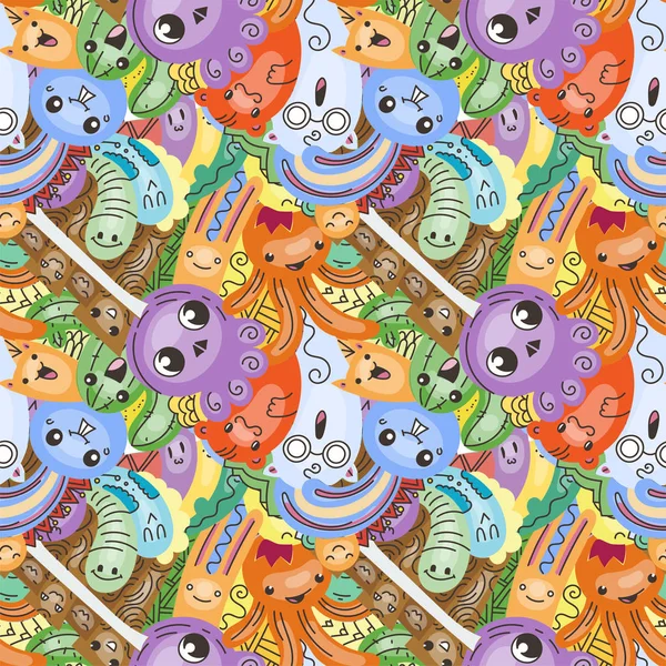 Funny doodle monsters on seamless pattern for prints, designs and coloring books — Stock Vector