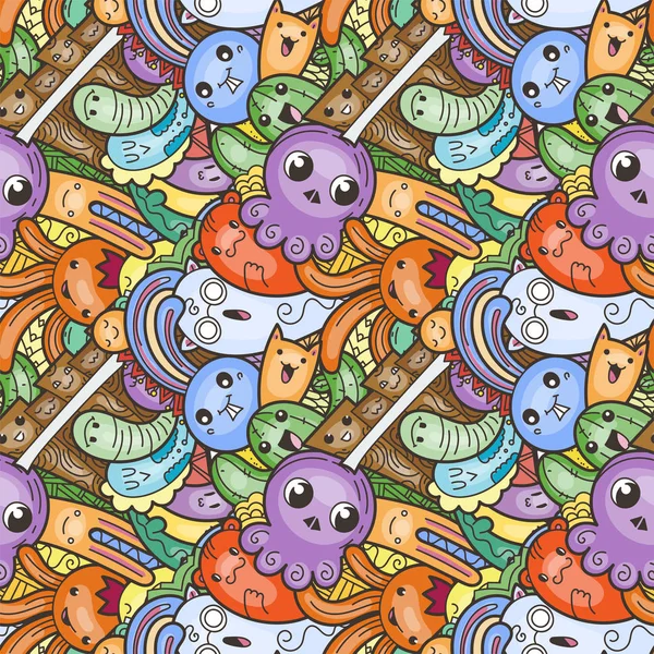 Funny doodle monsters on seamless pattern for prints, designs and coloring books — Stock Vector
