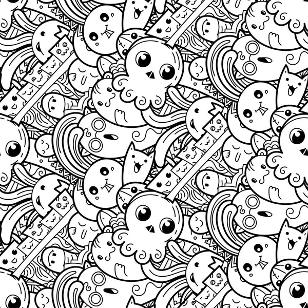 Funny doodle monsters on seamless pattern for prints, designs and coloring books — Stock Vector