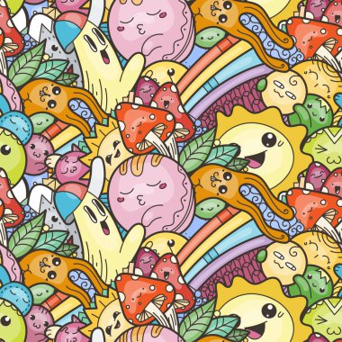 Funny doodle monsters on seamless pattern for prints, designs and coloring books clipart