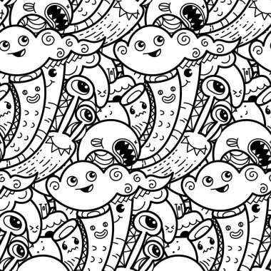 Komik canavarlar Dikişsiz desen baskılar, tasarımlar ve boyama kitapları için doodle