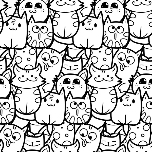 Doodle śmieszne koty i kocięta jednolity wzór dla druki, wzory i kolorowanki — Wektor stockowy