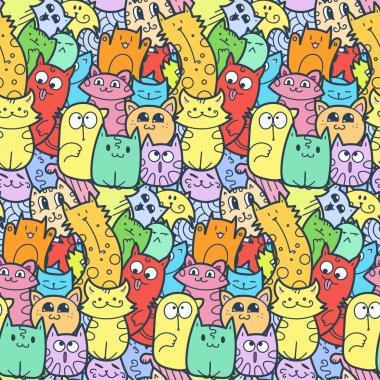 Komik kediler ve yavruları Dikişsiz desen baskılar, tasarımlar ve boyama kitapları için doodle