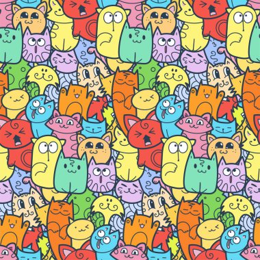 Komik kediler ve yavruları Dikişsiz desen baskılar, tasarımlar ve boyama kitapları için doodle