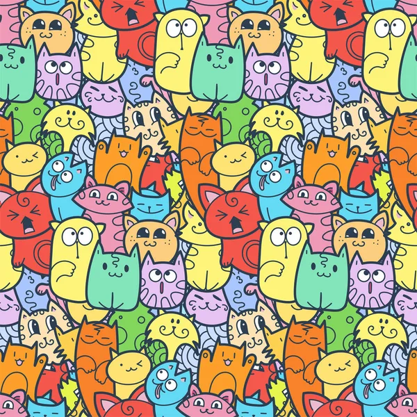 Engraçado doodle gatos e gatinhos sem costura padrão para impressões, desenhos e livros de colorir — Vetor de Stock