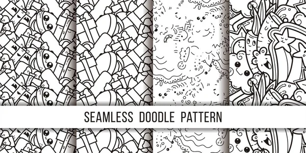 Coleção de monstros doodle engraçado sem costura padrão para impressões, desenhos e livros de colorir —  Vetores de Stock