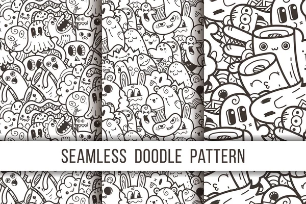 Colección de divertidos monstruos doodle patrón sin costuras para impresiones, diseños y libros para colorear — Archivo Imágenes Vectoriales