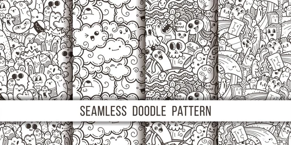 Colección de divertidos monstruos doodle patrón sin costuras para impresiones, diseños y libros para colorear — Vector de stock