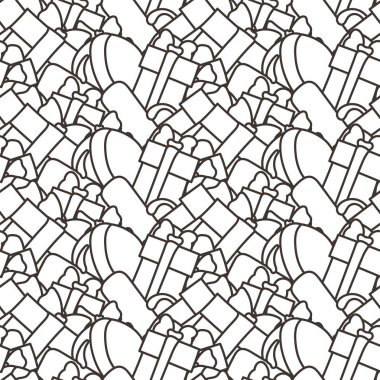 Komik doodle hediye kutuları ile seamless modeli. Parmak izi, kart, tasarımlar ve boyama kitapları için şirin
