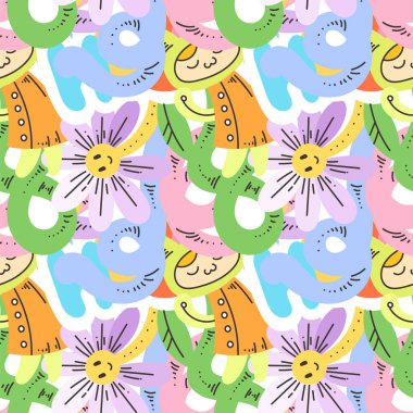 Sevimli çizgi canavarlar ve hayvanlar ile sorunsuz vektör desen. Ambalaj, ambalaj kağıdı, boyama sayfaları, duvar kağıdı, kumaş, moda, ev dekorasyonu, baskı vb için güzel. Vektör çizim