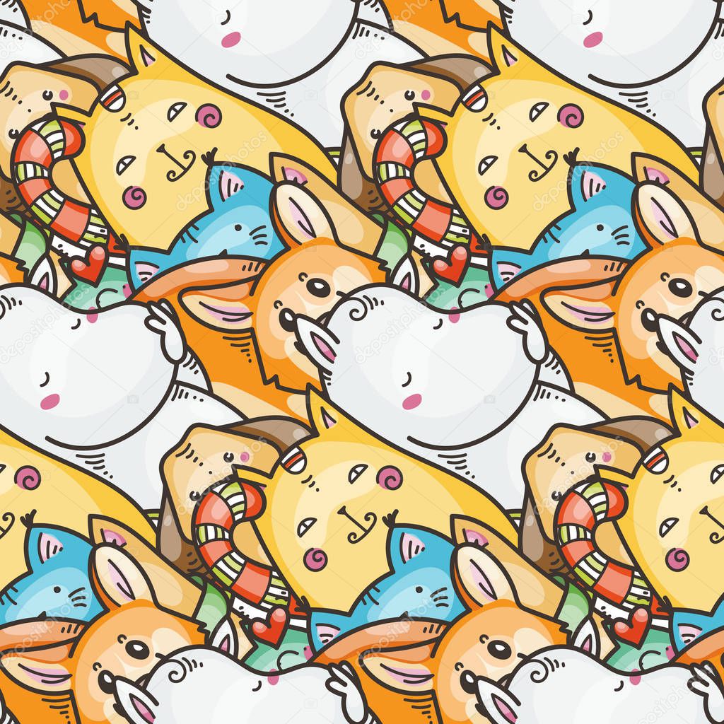 Seamless pattern with cute domestic animals. Kawaii doodle pets