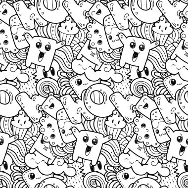 Sevimli çizgi canavarlar ve hayvanlar ile sorunsuz vektör desen. Ambalaj, ambalaj kağıdı, boyama sayfaları, duvar kağıdı, kumaş, moda, ev dekorasyonu, baskı vb için güzel