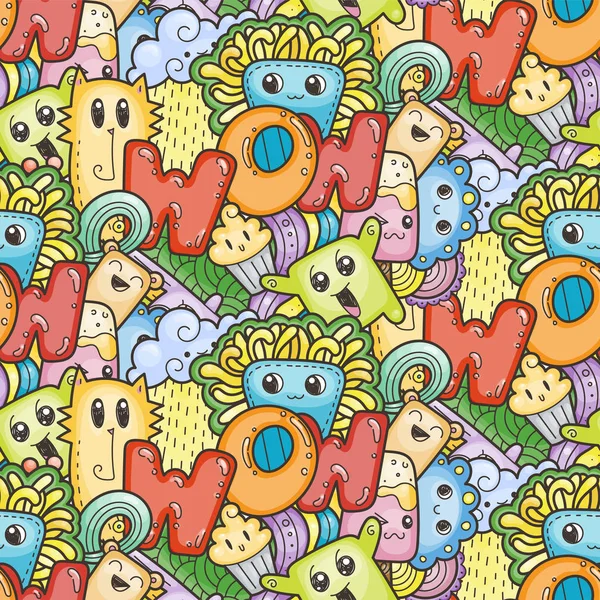 Seamless vector pattern with cute cartoon monsters and beasts. Nice for packaging, wrapping paper, coloring pages, wallpaper, fabric, fashion, home decor, prints etc — Stock Vector