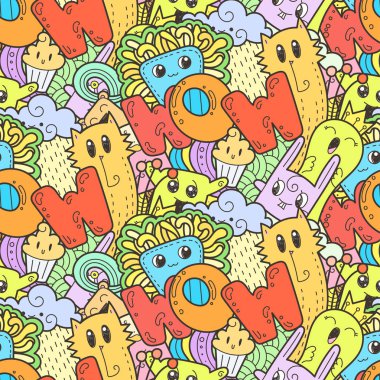 Sevimli çizgi canavarlar ve hayvanlar ile sorunsuz vektör desen. Ambalaj, ambalaj kağıdı, boyama sayfaları, duvar kağıdı, kumaş, moda, ev dekorasyonu, baskı vb için güzel