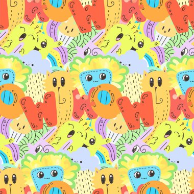 Sevimli çizgi canavarlar ve hayvanlar ile sorunsuz vektör desen. Ambalaj, ambalaj kağıdı, boyama sayfaları, duvar kağıdı, kumaş, moda, ev dekorasyonu, baskı vb için güzel