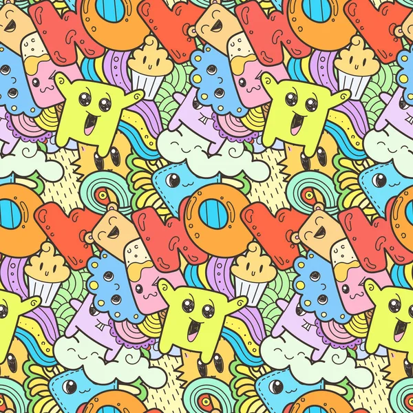 Seamless vector pattern with cute cartoon monsters and beasts. Nice for packaging, wrapping paper, coloring pages, wallpaper, fabric, fashion, home decor, prints etc — Stock Vector