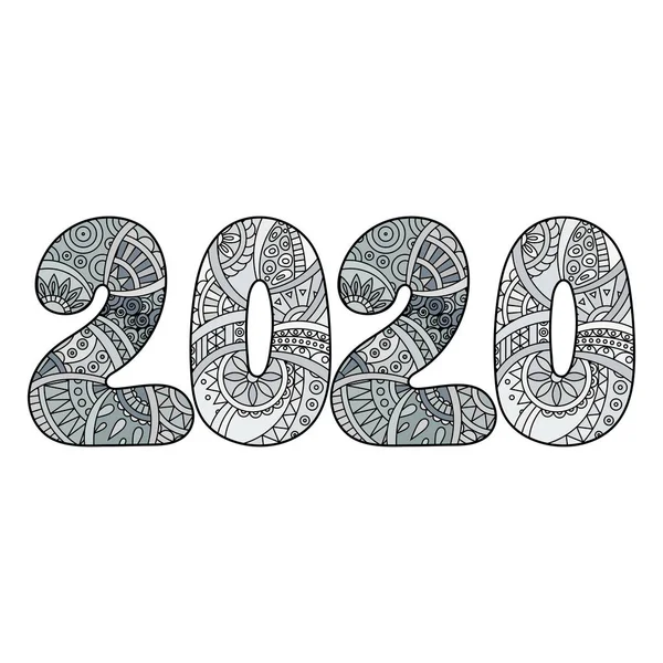 Szczęśliwy numer obchody nowego roku 2020. Ilustracja wektorowa Xmas w zentangle. — Wektor stockowy