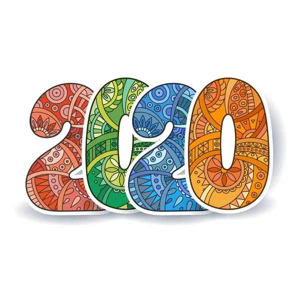 Feliz Año Nuevo 2020 número de celebración. Ilustración de Navidad vectorial en zentangle . — Vector de stock